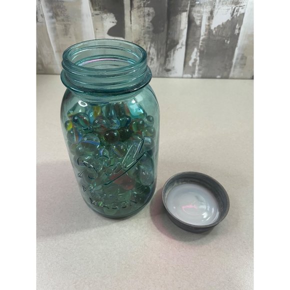 Vintage Ball Mason Jar Blue Full of Old Glass Marbles - Picture 1 of 7
